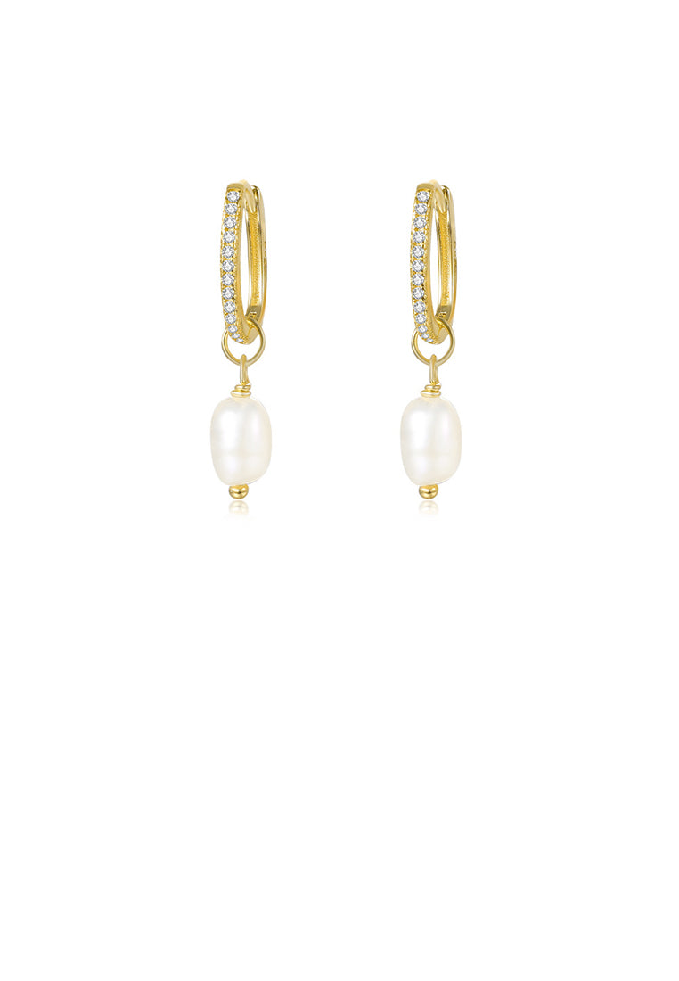 925 Sterling Silver Plated Gold Simple Elegant Imitation Pearl Geometric Earrings with Cubic Zirconia - Luxurious Look
