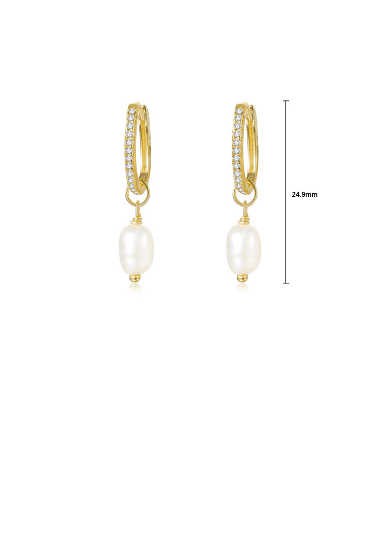925 Sterling Silver Plated Gold Simple Elegant Imitation Pearl Geometric Earrings with Cubic Zirconia - Luxurious Look