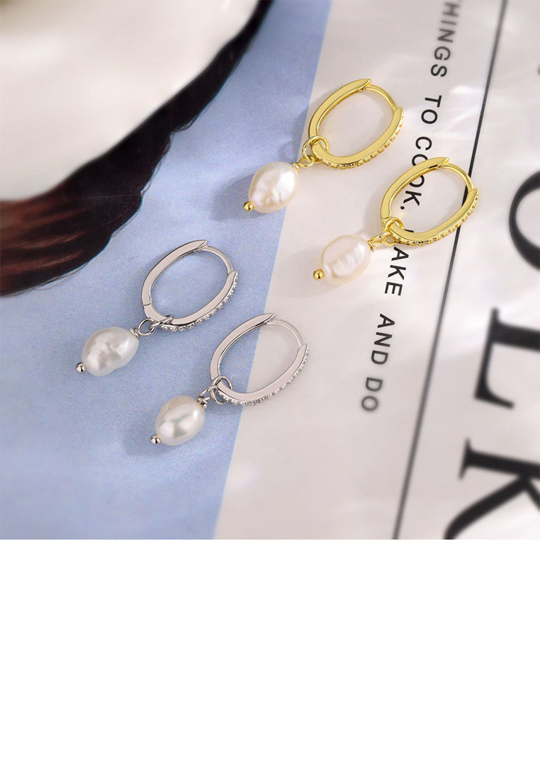 925 Sterling Silver Plated Gold Simple Elegant Imitation Pearl Geometric Earrings with Cubic Zirconia - Luxurious Look