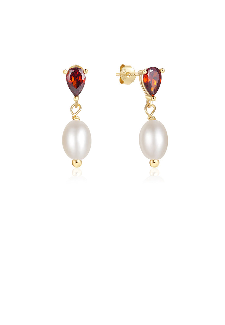 925 Sterling Silver Plated Gold Simple Elegant Geometric Imitation Pearl Earrings with Cubic Zirconia - Luxurious Look