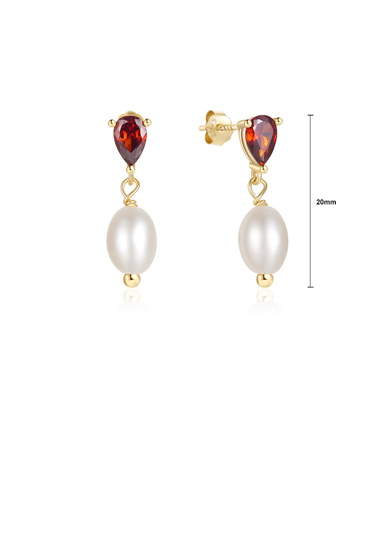 925 Sterling Silver Plated Gold Simple Elegant Geometric Imitation Pearl Earrings with Cubic Zirconia - Luxurious Look