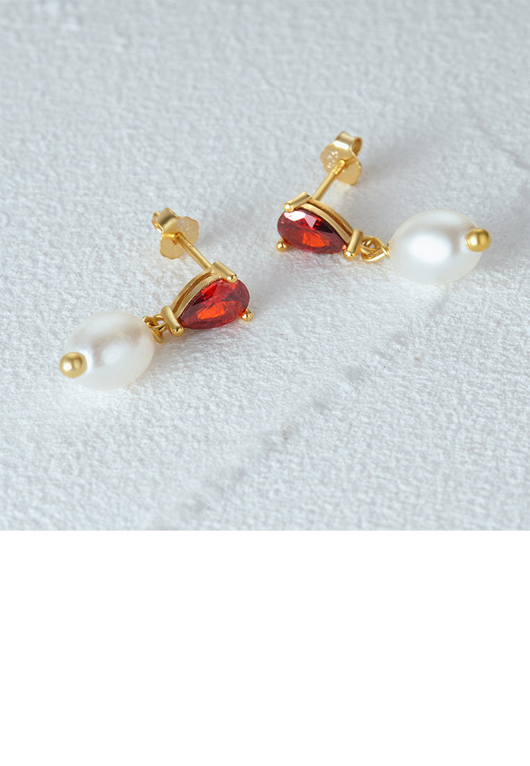 925 Sterling Silver Plated Gold Simple Elegant Geometric Imitation Pearl Earrings with Cubic Zirconia - Luxurious Look