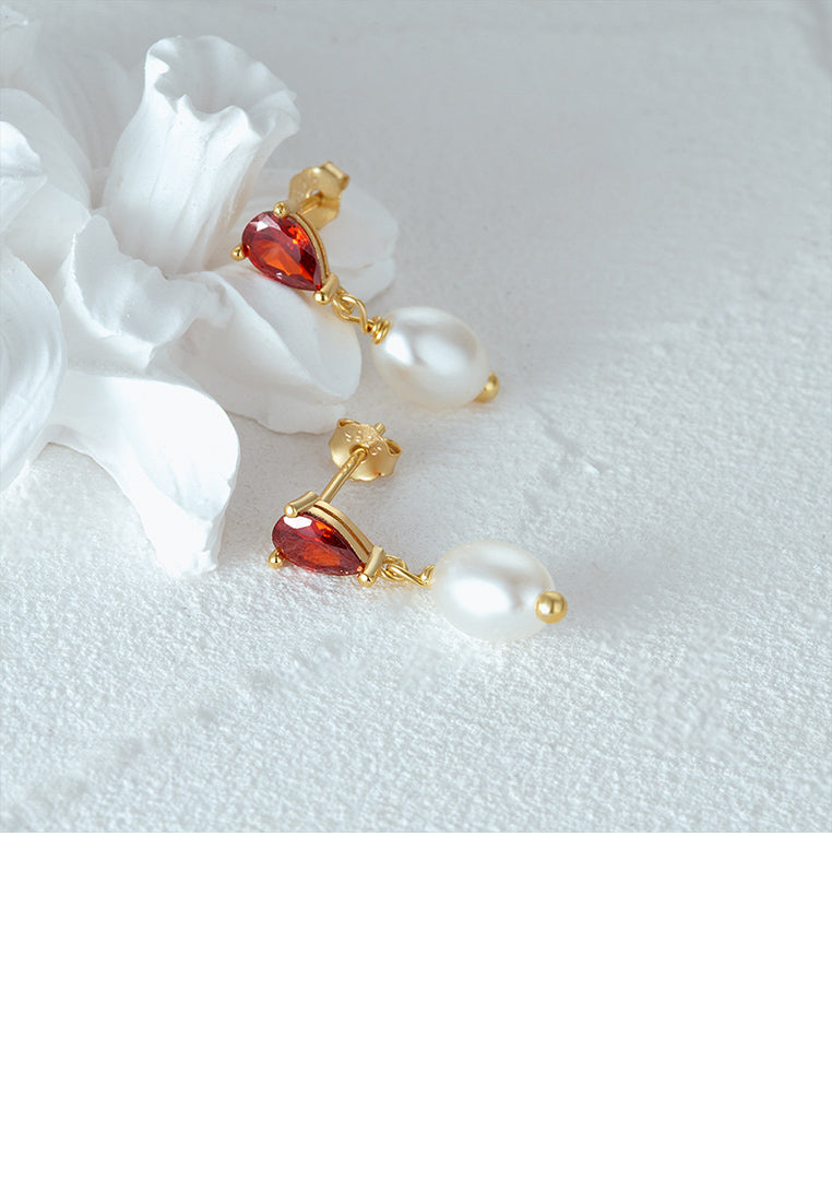 925 Sterling Silver Plated Gold Simple Elegant Geometric Imitation Pearl Earrings with Cubic Zirconia - Luxurious Look