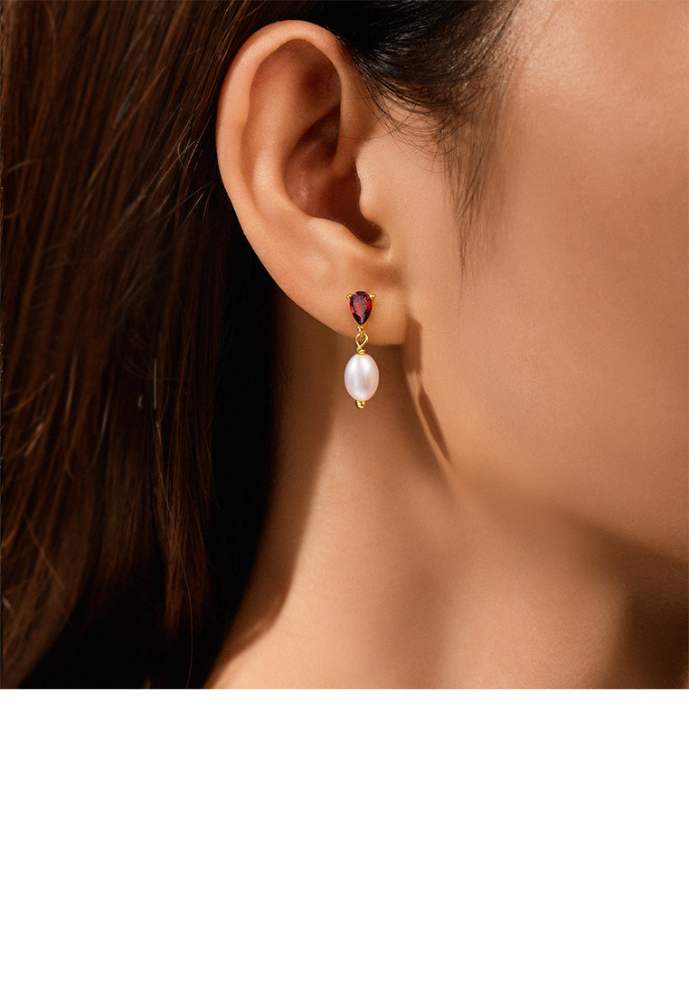 925 Sterling Silver Plated Gold Simple Elegant Geometric Imitation Pearl Earrings with Cubic Zirconia - Luxurious Look