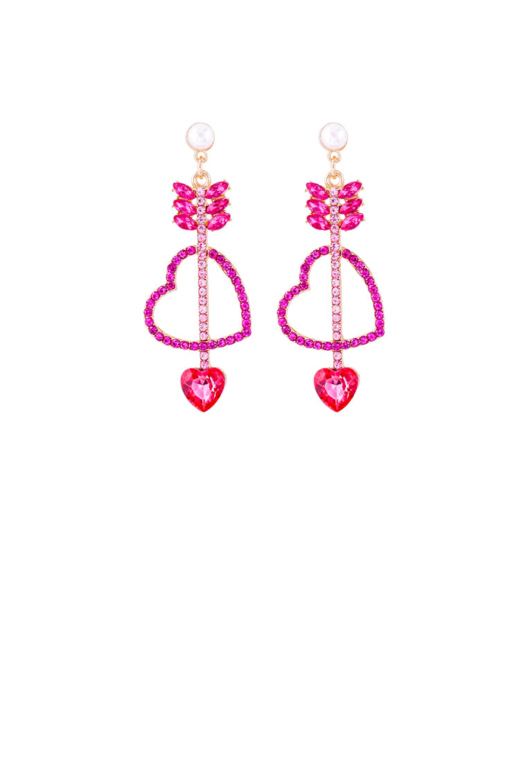 Fashion Simple Plated Gold Cupids Arrow Heart Earrings with Pink Cubic Zirconia - Luxurious Look - Vibrant Color