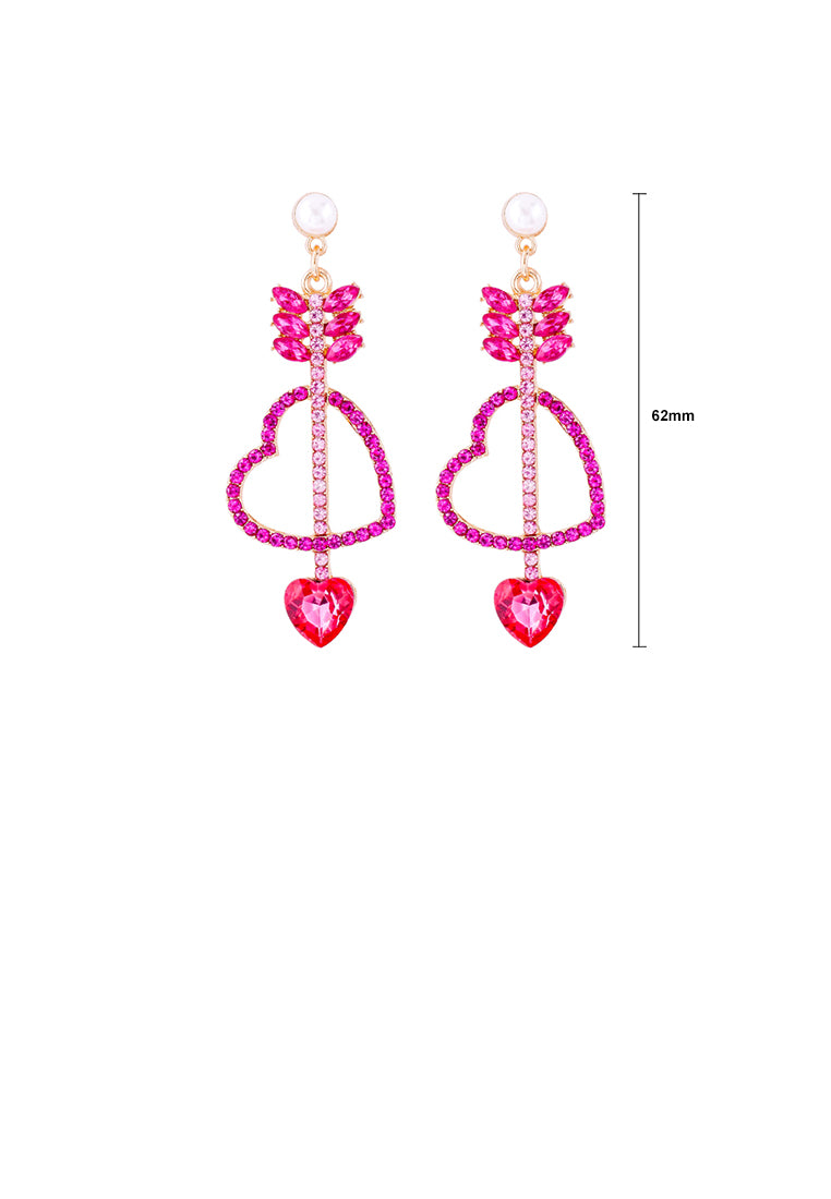 Fashion Simple Plated Gold Cupids Arrow Heart Earrings with Pink Cubic Zirconia - Luxurious Look - Vibrant Color