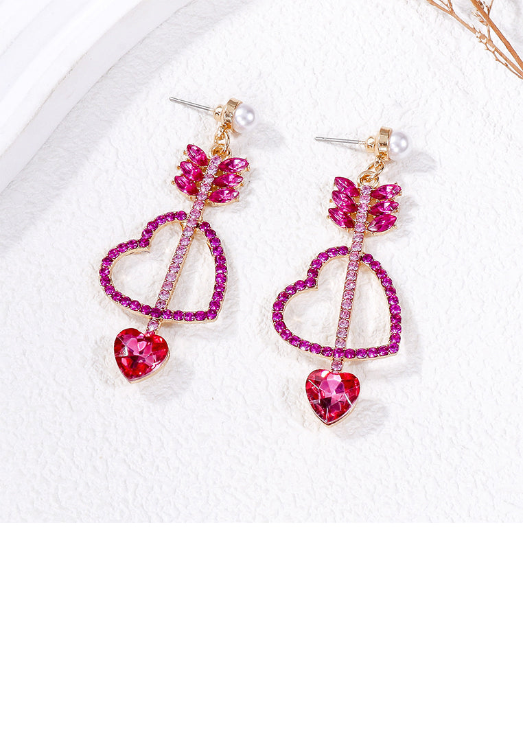 Fashion Simple Plated Gold Cupids Arrow Heart Earrings with Pink Cubic Zirconia - Luxurious Look - Vibrant Color