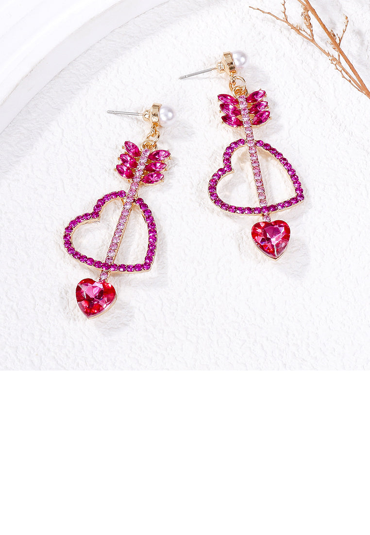 Fashion Simple Plated Gold Cupids Arrow Heart Earrings with Pink Cubic Zirconia - Luxurious Look - Vibrant Color