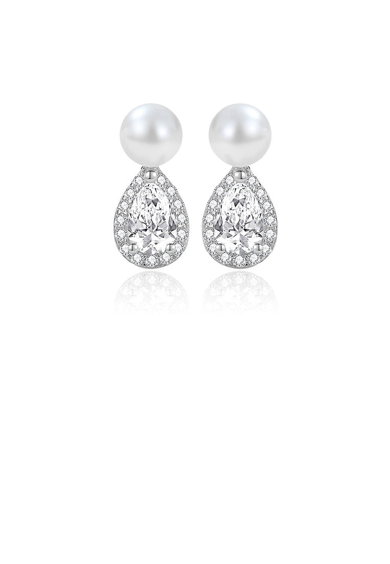 925 Sterling Silver Fashion and Elegant Water Drop Shape Imitation Pearl Stud Earrings with Cubic Zirconia - Luxurious Look