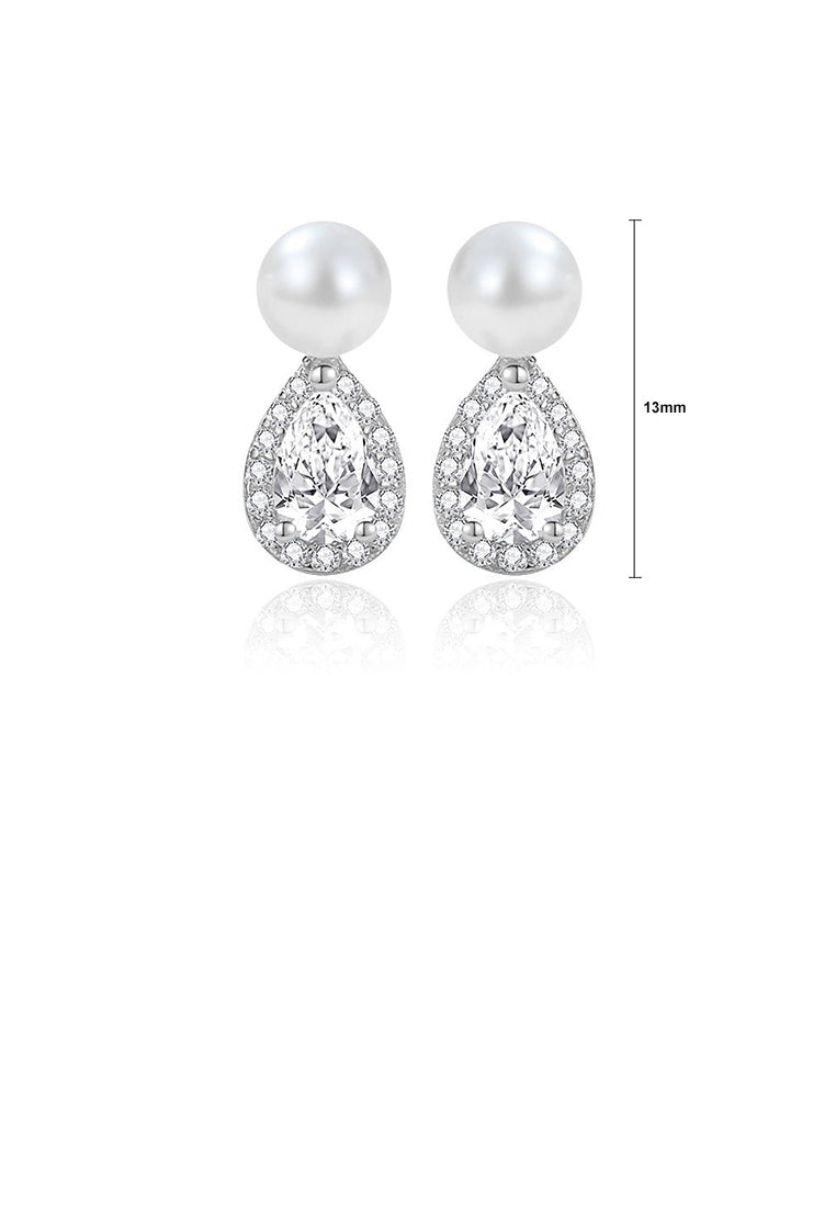 925 Sterling Silver Fashion and Elegant Water Drop Shape Imitation Pearl Stud Earrings with Cubic Zirconia - Luxurious Look