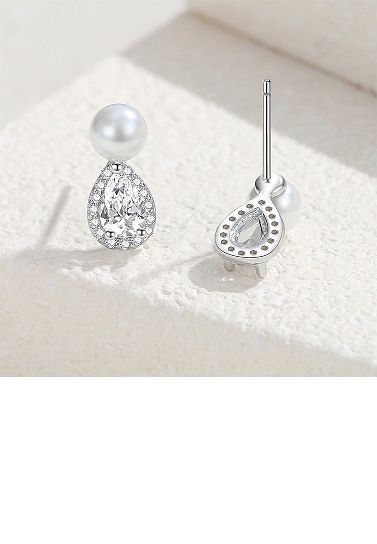 925 Sterling Silver Fashion and Elegant Water Drop Shape Imitation Pearl Stud Earrings with Cubic Zirconia - Luxurious Look