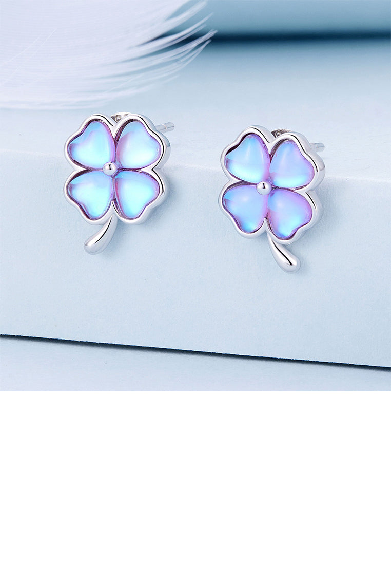 925 Sterling Silver Fashion Simple Four-leafed Clover Moonstone Stud Earrings