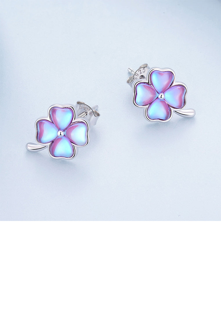 925 Sterling Silver Fashion Simple Four-leafed Clover Moonstone Stud Earrings