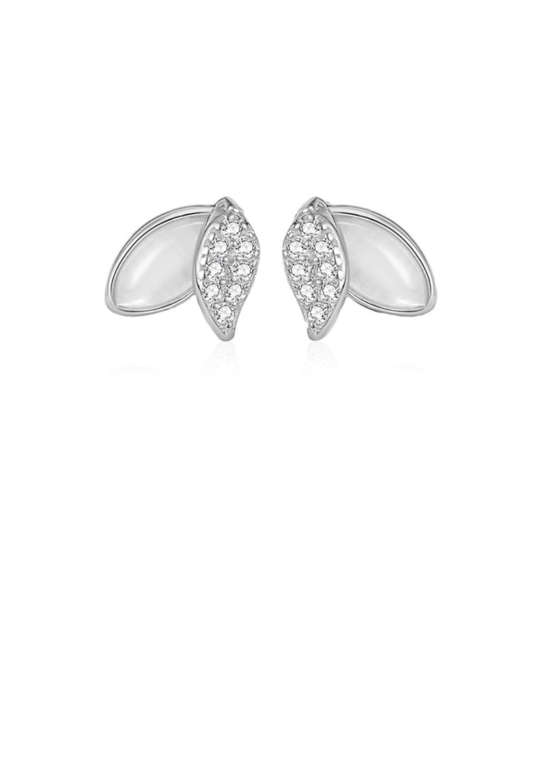 925 Sterling Silver Simple and Fashion Leaf Imitation Cats Eye Stud Earrings with Cubic Zirconia - Luxurious Look