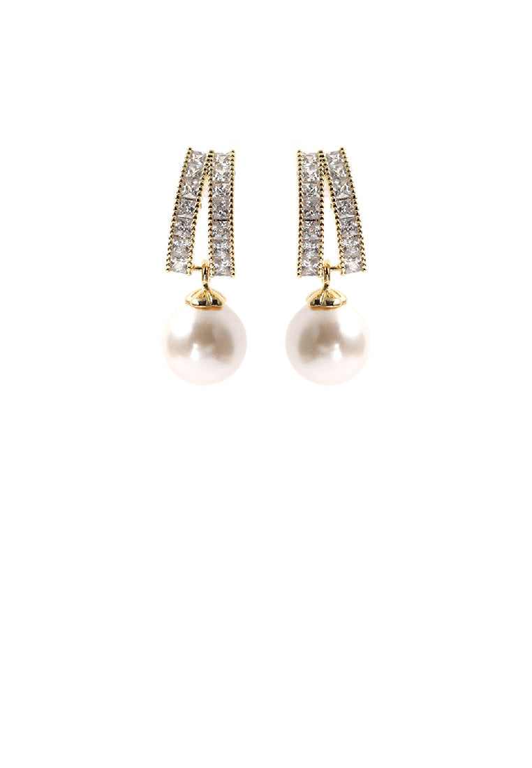 Elegant Fashion Plated Gold Geometric Imitation Pearl Earrings with Cubic Zirconia - Luxurious Look