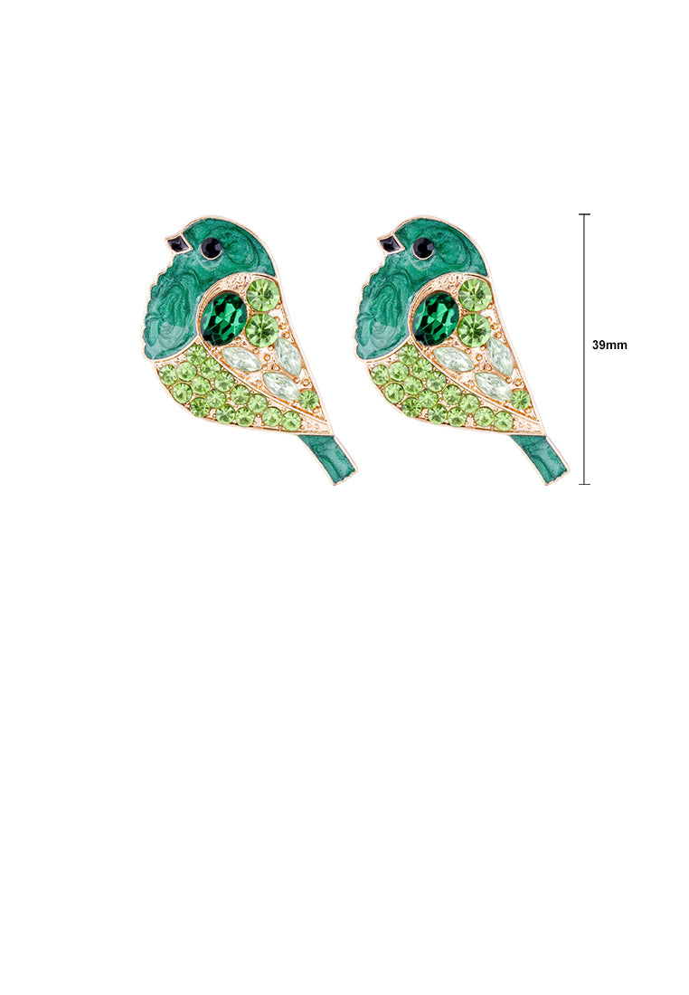 Simple and Cute Plated Gold Enamel Green Bird Stud Earrings with Cubic Zirconia - Luxurious Look