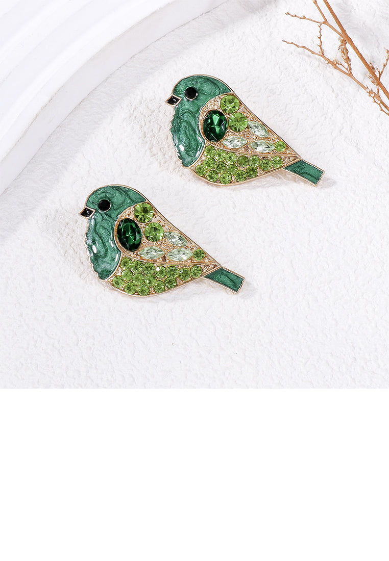 Simple and Cute Plated Gold Enamel Green Bird Stud Earrings with Cubic Zirconia - Luxurious Look