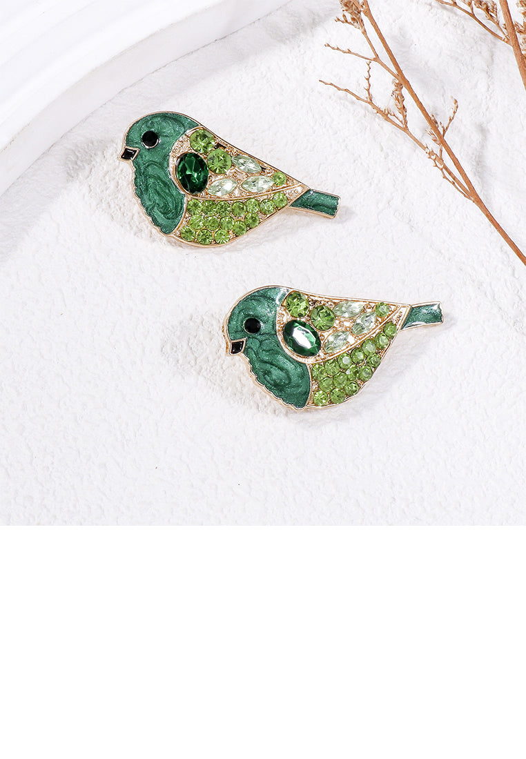Simple and Cute Plated Gold Enamel Green Bird Stud Earrings with Cubic Zirconia - Luxurious Look