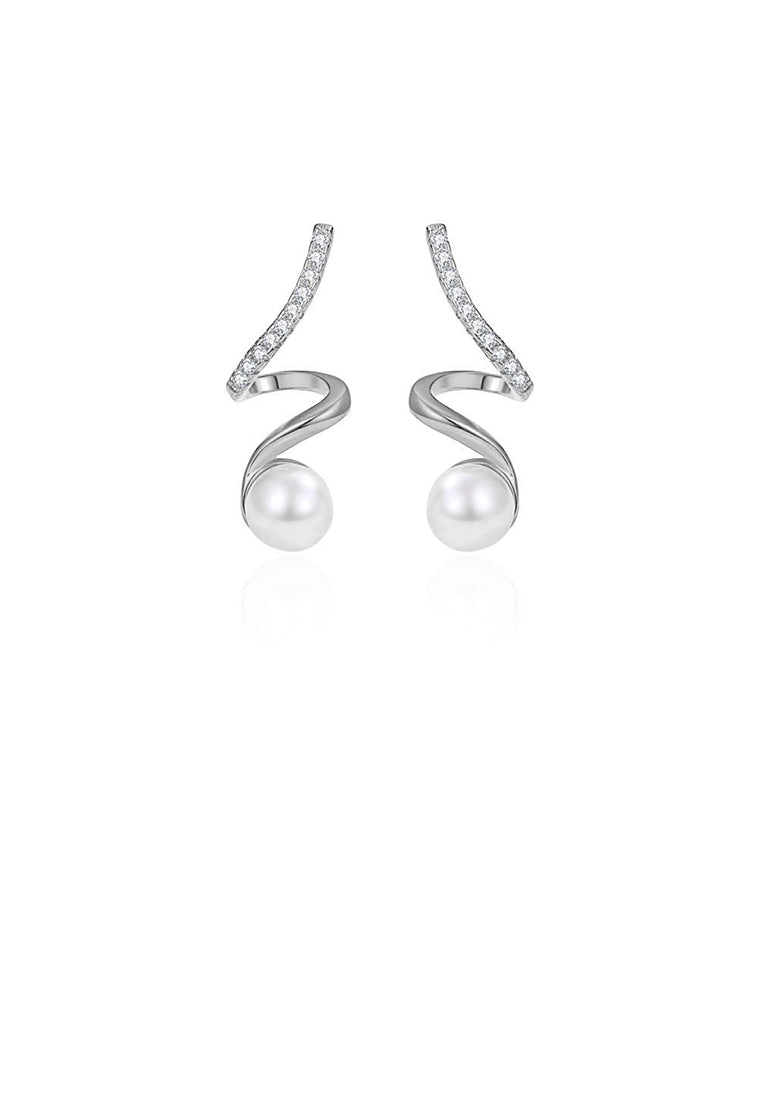 925 Sterling Silver Fashion Simple Line Geometric Imitation Pearl Earrings with Cubic Zirconia - Luxurious Look