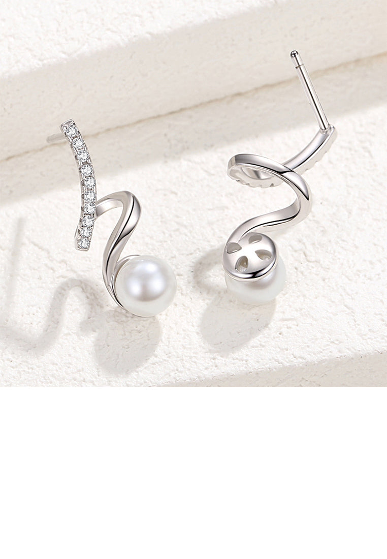925 Sterling Silver Fashion Simple Line Geometric Imitation Pearl Earrings with Cubic Zirconia - Luxurious Look