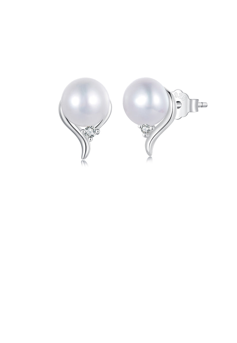 925 Sterling Silver Simple Elegant Geometric Imitation Pearl Stud Earrings with Cubic Zirconia - Luxurious Look