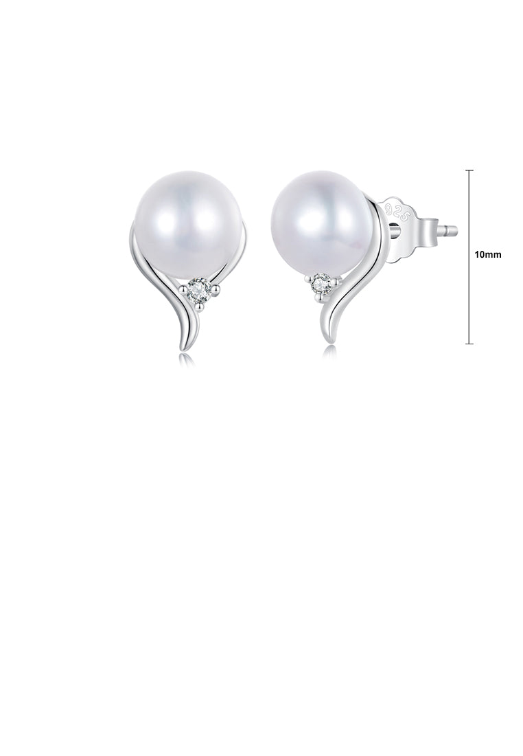 925 Sterling Silver Simple Elegant Geometric Imitation Pearl Stud Earrings with Cubic Zirconia - Luxurious Look