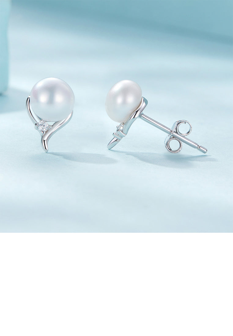 925 Sterling Silver Simple Elegant Geometric Imitation Pearl Stud Earrings with Cubic Zirconia - Luxurious Look