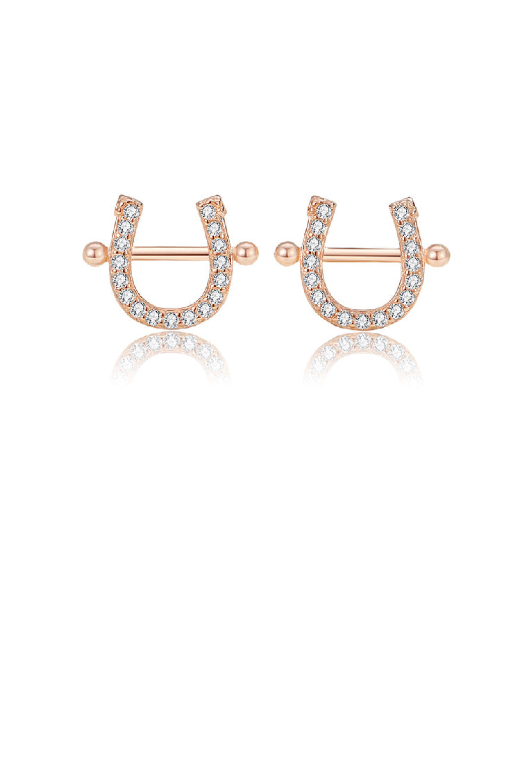 925 Sterling Silver Plated Rose Gold Simple Fashion U Shape Stud Earrings with Cubic Zirconia - Luxurious Look