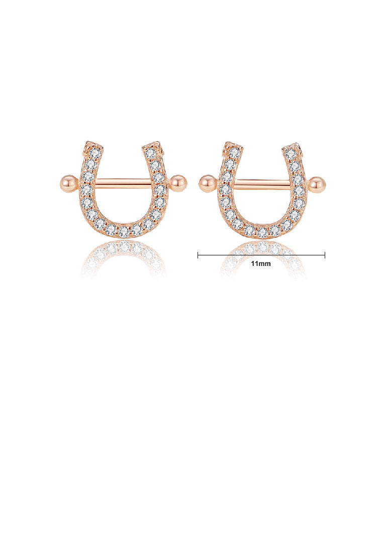 925 Sterling Silver Plated Rose Gold Simple Fashion U Shape Stud Earrings with Cubic Zirconia - Luxurious Look
