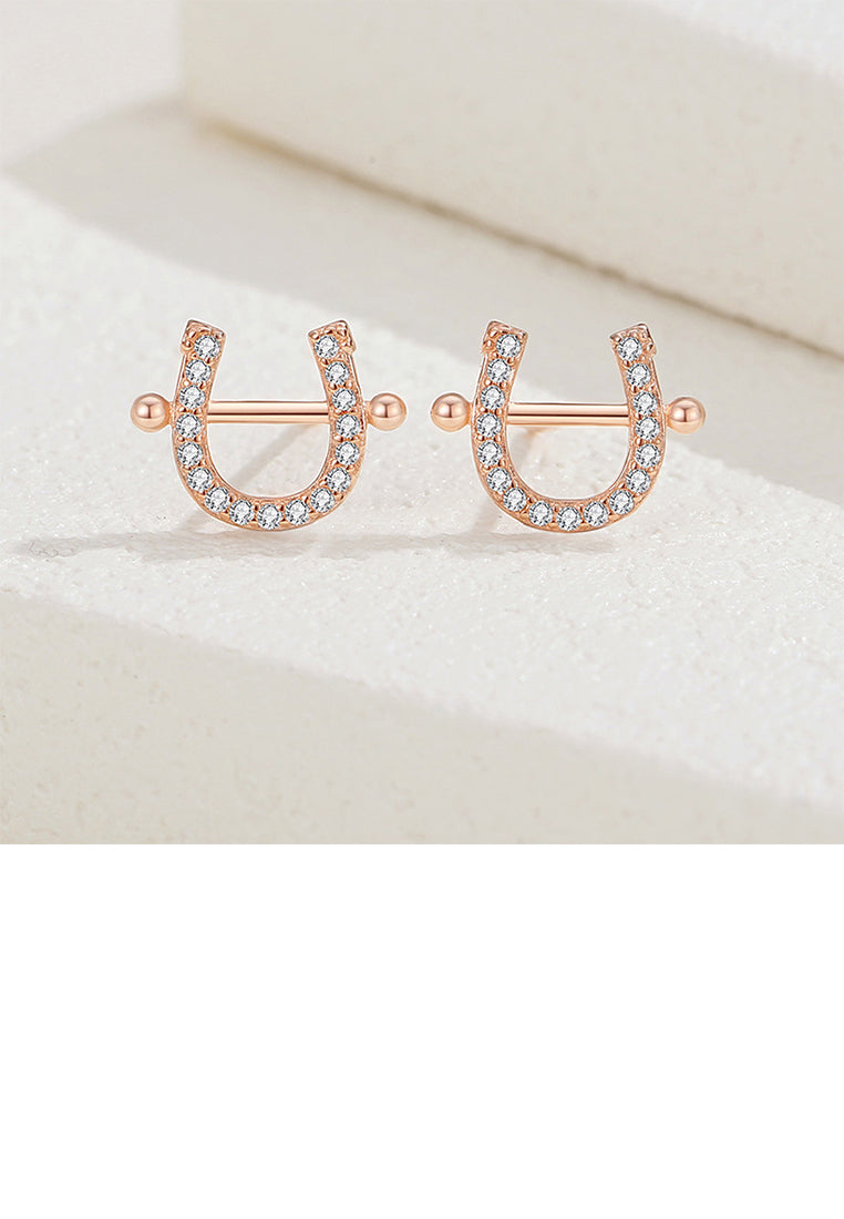 925 Sterling Silver Plated Rose Gold Simple Fashion U Shape Stud Earrings with Cubic Zirconia - Luxurious Look