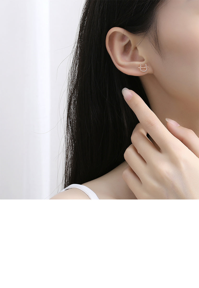 925 Sterling Silver Plated Rose Gold Simple Fashion U Shape Stud Earrings with Cubic Zirconia - Luxurious Look
