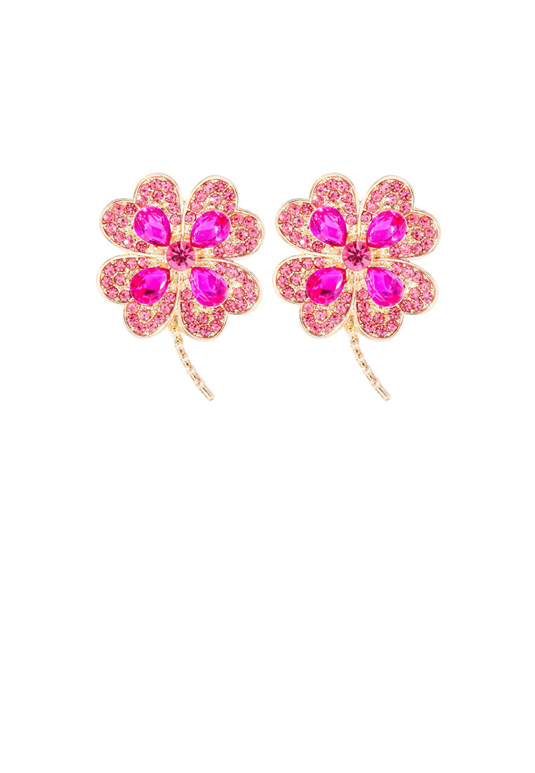Fashion Brilliant Plated Gold Four-leafed Clover Stud Earrings with Rose Red Cubic Zirconia - Luxurious Look - Vibrant Color