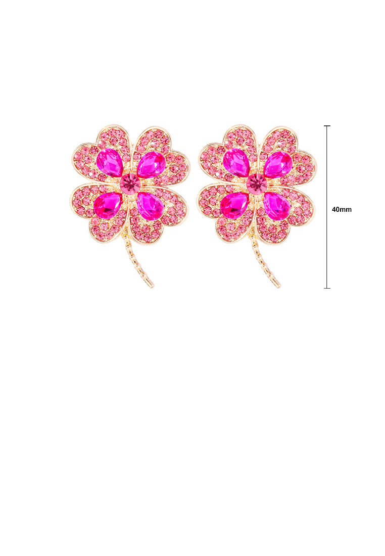 Fashion Brilliant Plated Gold Four-leafed Clover Stud Earrings with Rose Red Cubic Zirconia - Luxurious Look - Vibrant Color