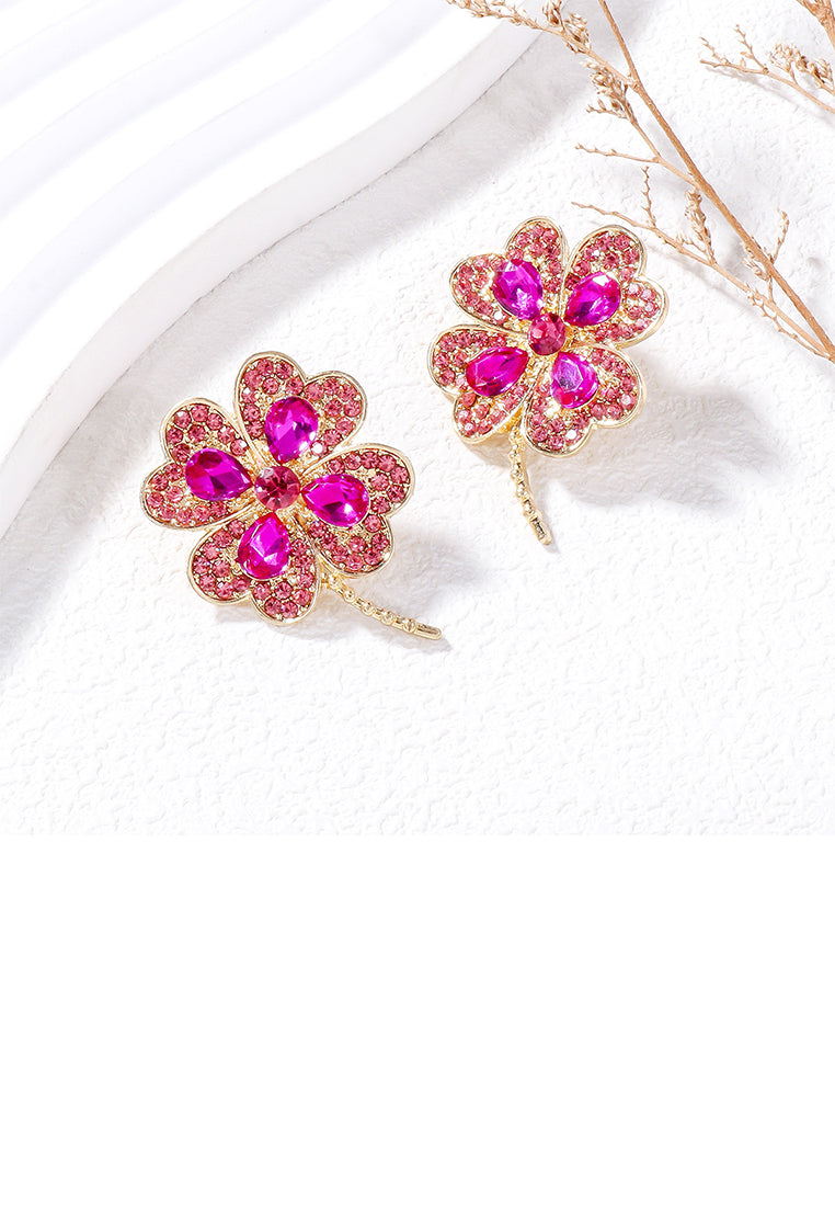 Fashion Brilliant Plated Gold Four-leafed Clover Stud Earrings with Rose Red Cubic Zirconia - Luxurious Look - Vibrant Color