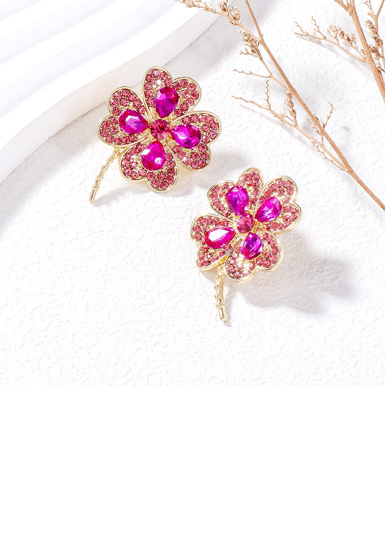 Fashion Brilliant Plated Gold Four-leafed Clover Stud Earrings with Rose Red Cubic Zirconia - Luxurious Look - Vibrant Color