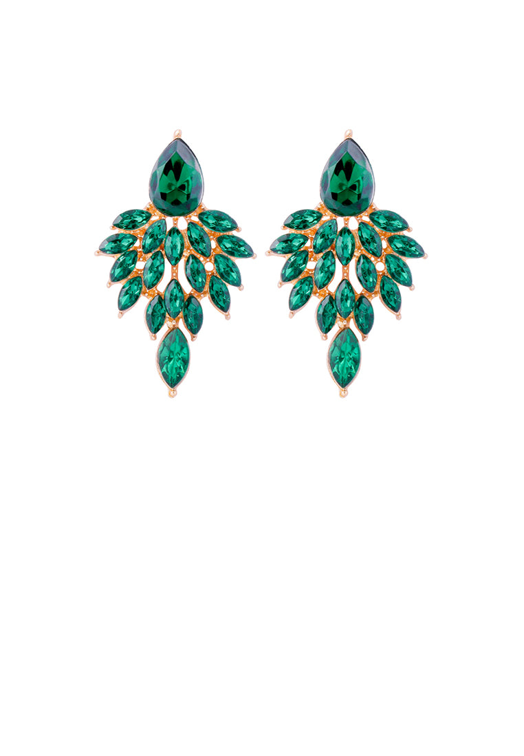 Elegant Brilliant Plated Gold Leaf Earrings with Green Cubic Zirconia - Luxurious Look