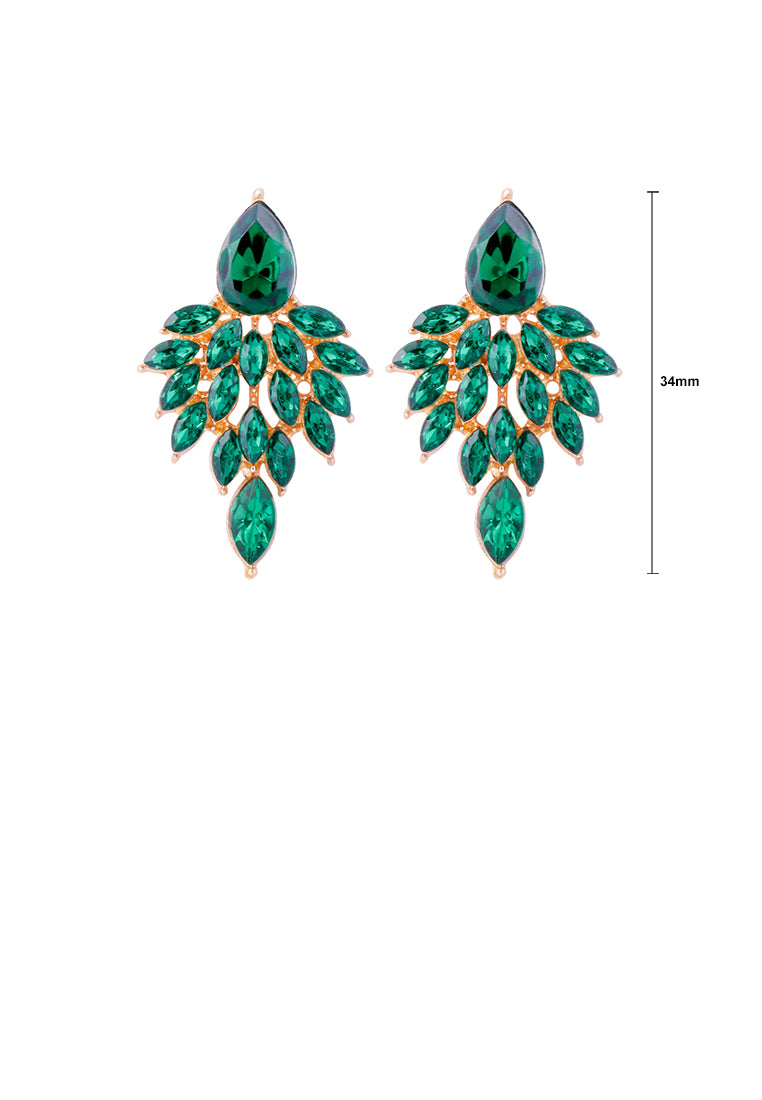 Elegant Brilliant Plated Gold Leaf Earrings with Green Cubic Zirconia - Luxurious Look