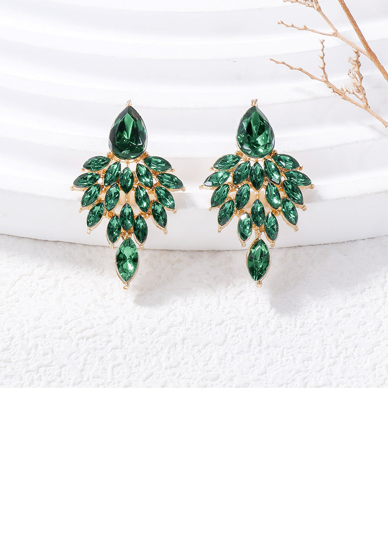 Elegant Brilliant Plated Gold Leaf Earrings with Green Cubic Zirconia - Luxurious Look