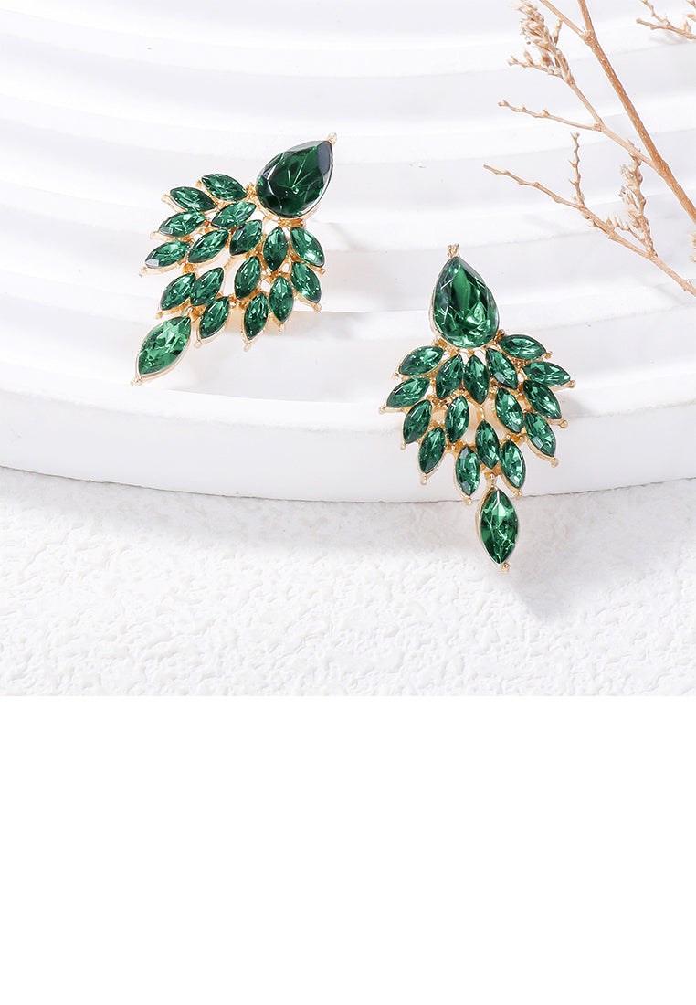 Elegant Brilliant Plated Gold Leaf Earrings with Green Cubic Zirconia - Luxurious Look