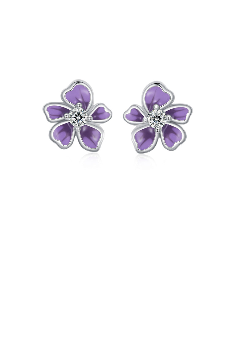 925 Sterling Silver Simple Temperament Enamel Purple Flower Stud Earrings with Cubic Zirconia - Luxurious Look