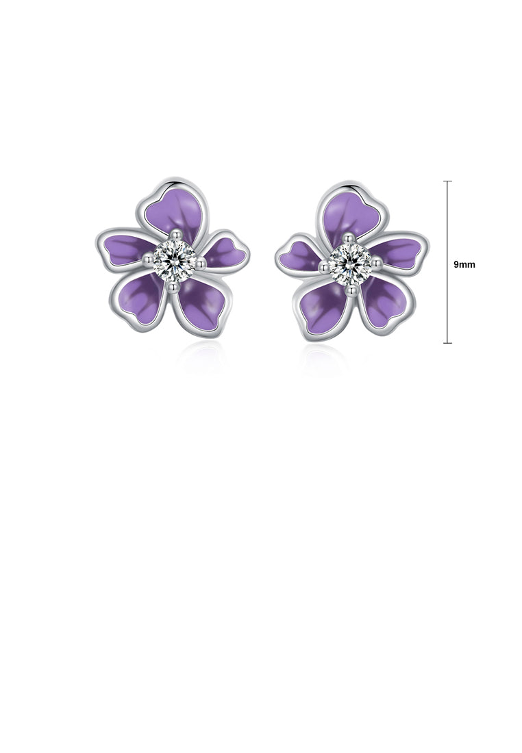 925 Sterling Silver Simple Temperament Enamel Purple Flower Stud Earrings with Cubic Zirconia - Luxurious Look