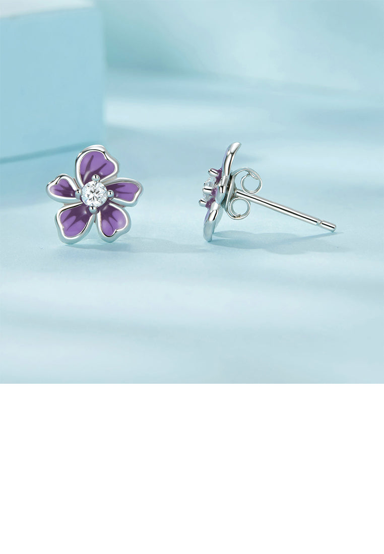 925 Sterling Silver Simple Temperament Enamel Purple Flower Stud Earrings with Cubic Zirconia - Luxurious Look
