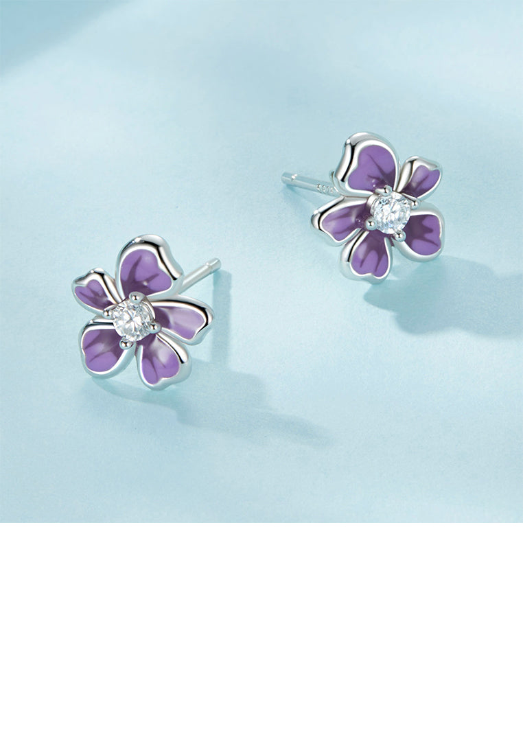 925 Sterling Silver Simple Temperament Enamel Purple Flower Stud Earrings with Cubic Zirconia - Luxurious Look