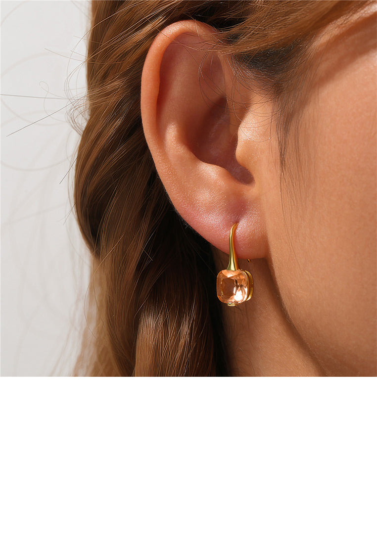 925 Sterling Silver Plated Gold Simple and Fashion Geometric Square Earrings with Champagne Cubic Zirconia - Luxurious Look