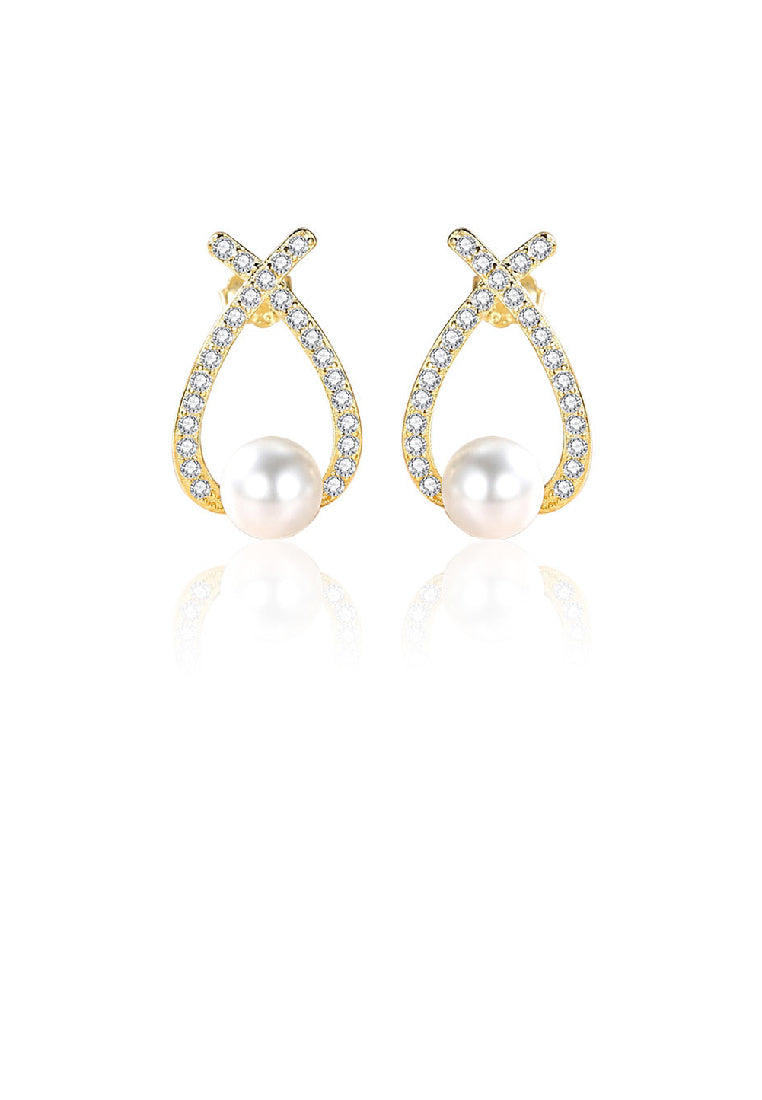 925 Sterling Silver Plated Gold Simple Temperament Cross Hollow Geometric Imitation Pearl Earrings with Cubic Zirconia - Luxurious Look