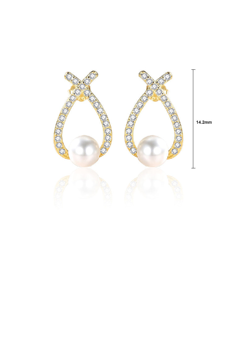 925 Sterling Silver Plated Gold Simple Temperament Cross Hollow Geometric Imitation Pearl Earrings with Cubic Zirconia - Luxurious Look