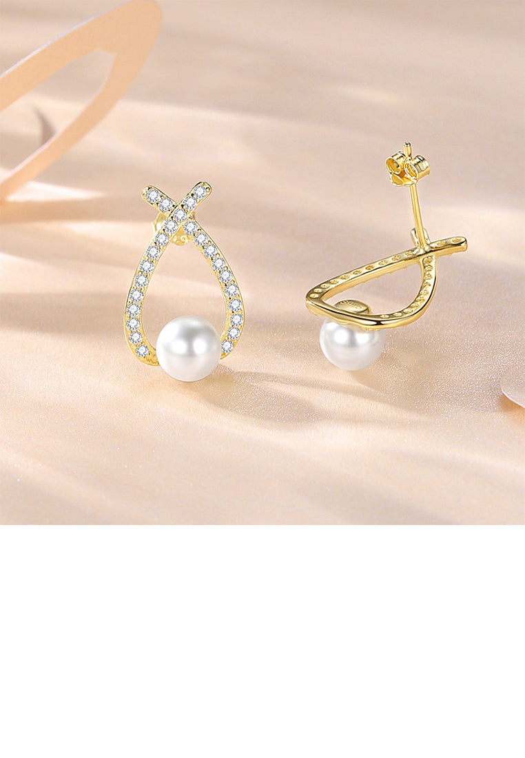 925 Sterling Silver Plated Gold Simple Temperament Cross Hollow Geometric Imitation Pearl Earrings with Cubic Zirconia - Luxurious Look