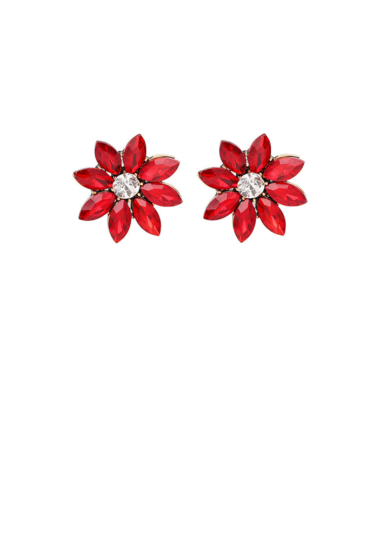 Simple and Fashion Plated Gold Flower Stud Earrings with Red Cubic Zirconia - Luxurious Look - Vibrant Color