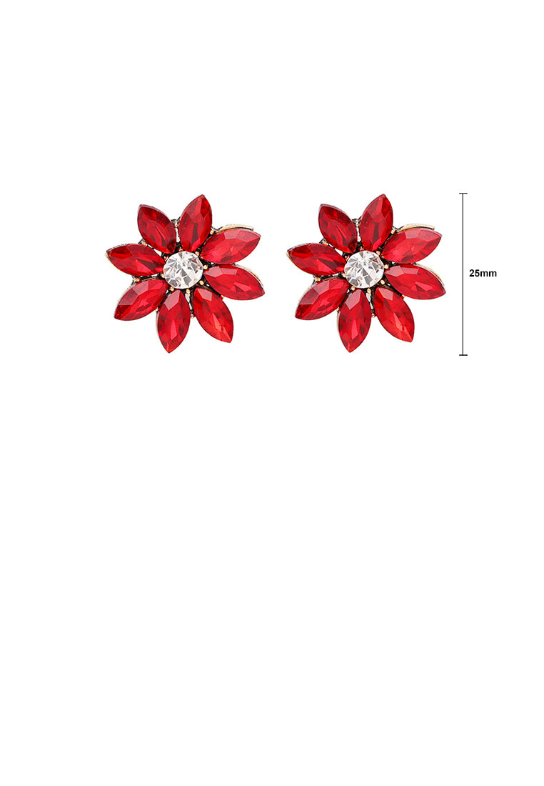 Simple and Fashion Plated Gold Flower Stud Earrings with Red Cubic Zirconia - Luxurious Look - Vibrant Color