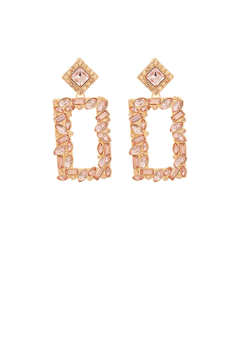 Fashion and Simple Plated Gold Hollow Rectangular Earrings with Pink Cubic Zirconia - Luxurious Look - Vibrant Color